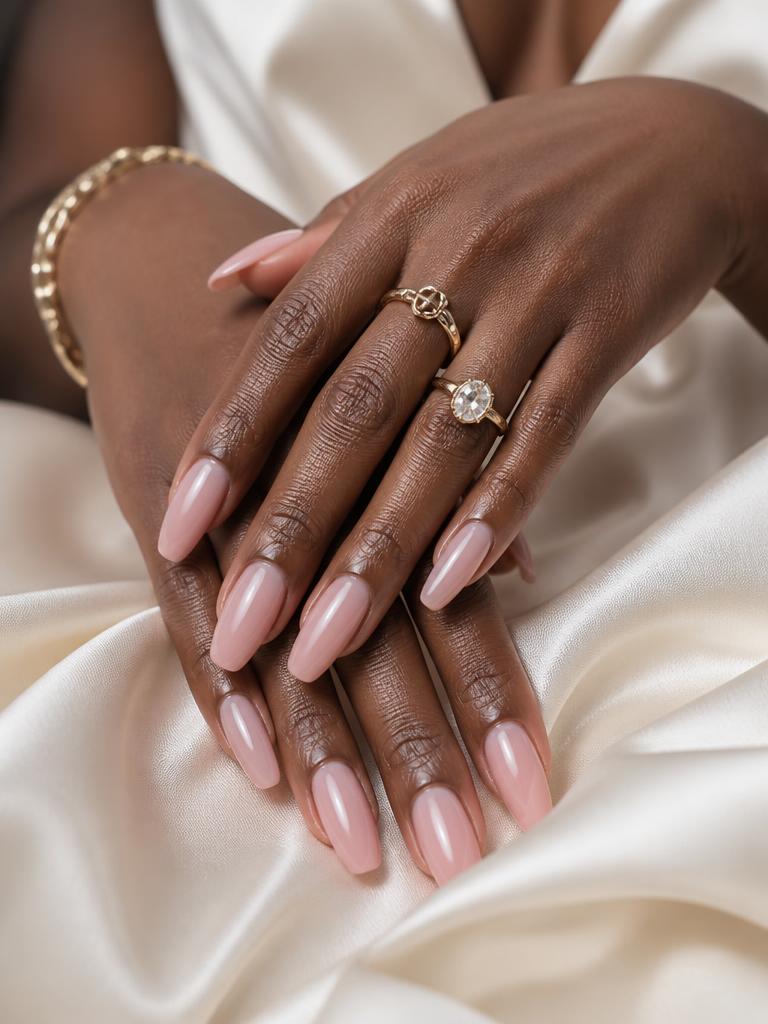 Soft pink gel nail extensions at Aura Era