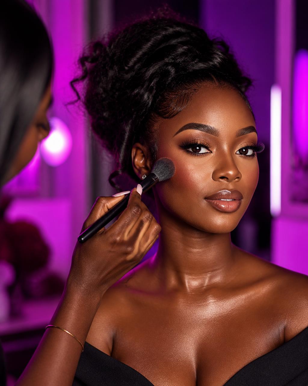 Makeup artist finishing a glowing look at Aura Era